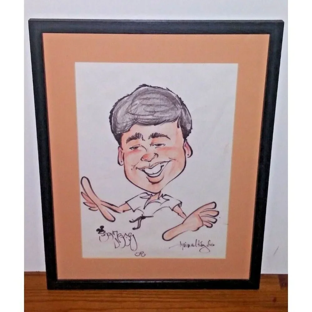Vintage Sketch Drawing on Paper ?Man in office Mid Century FRAMED wood 19
